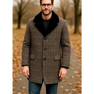 Huckberry Vintage M Plaid $550 Wool Shearling CoatWide Lapel Long Jacket Gray